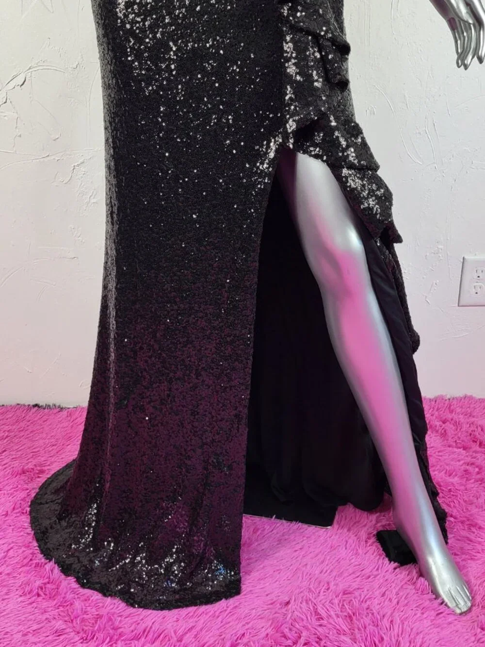 NWT~$595~TADASHI SHOJI~M~BLACK SEQUIN SLIT RUFFLE RUCHED PROM EVENING MAXI DRESS